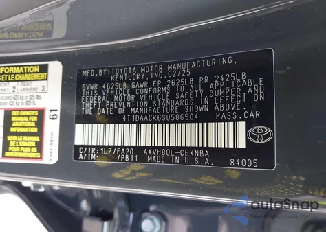 2025 Toyota Camry Le z USA, uszkodzony, nr VIN 4T1DAACK6SU586504